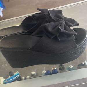 Women’s Black Platform Slide Sandals with Bow Accent